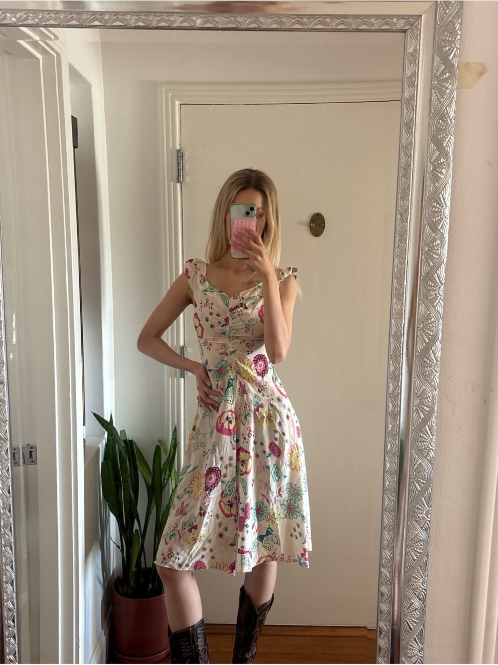 Moschino cheap and chicFloral A-Line Midi Dress in Cream with Pink & Green Print